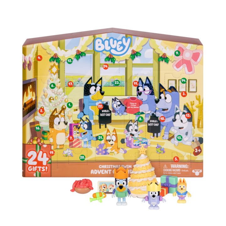 Bluey's Christmas Swim Advent Calendar, 24 Surprises Behind 24 Different Windows, Includes 3 Christmas Swim Figures, 18 Accessories And 3 Stickers To Reveal