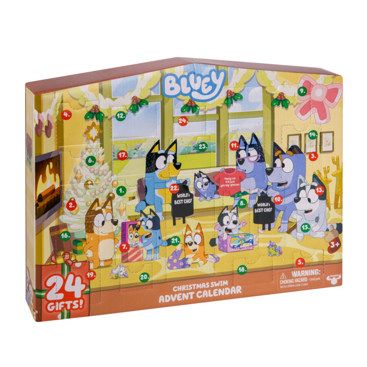 Bluey's Christmas Swim Advent Calendar, 24 Surprises Behind 24 Different Windows, Includes 3 Christmas Swim Figures, 18 Accessories And 3 Stickers To Reveal