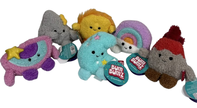 BumBumz Weather Bumz Squad 4.5" Plush Set – 6 Pack Mini Stuffed Animals for Kids & Collectors (Volcano, Moon, Shooting Star, Sun, Rainbow Cloud, Storm Cloud)