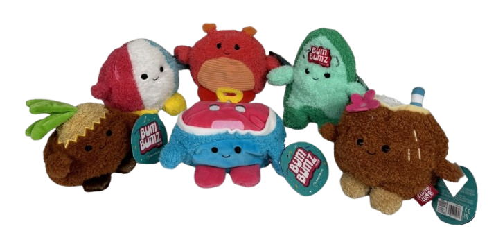 BumBumz Beach Bumz Squad 4.5" Plush Set – 6 Pack Mini Stuffed Toys for Kids & Collectors (Surfboard, Beach Ball, Lobster, Cooler, Palm Tree, Piña Colada)